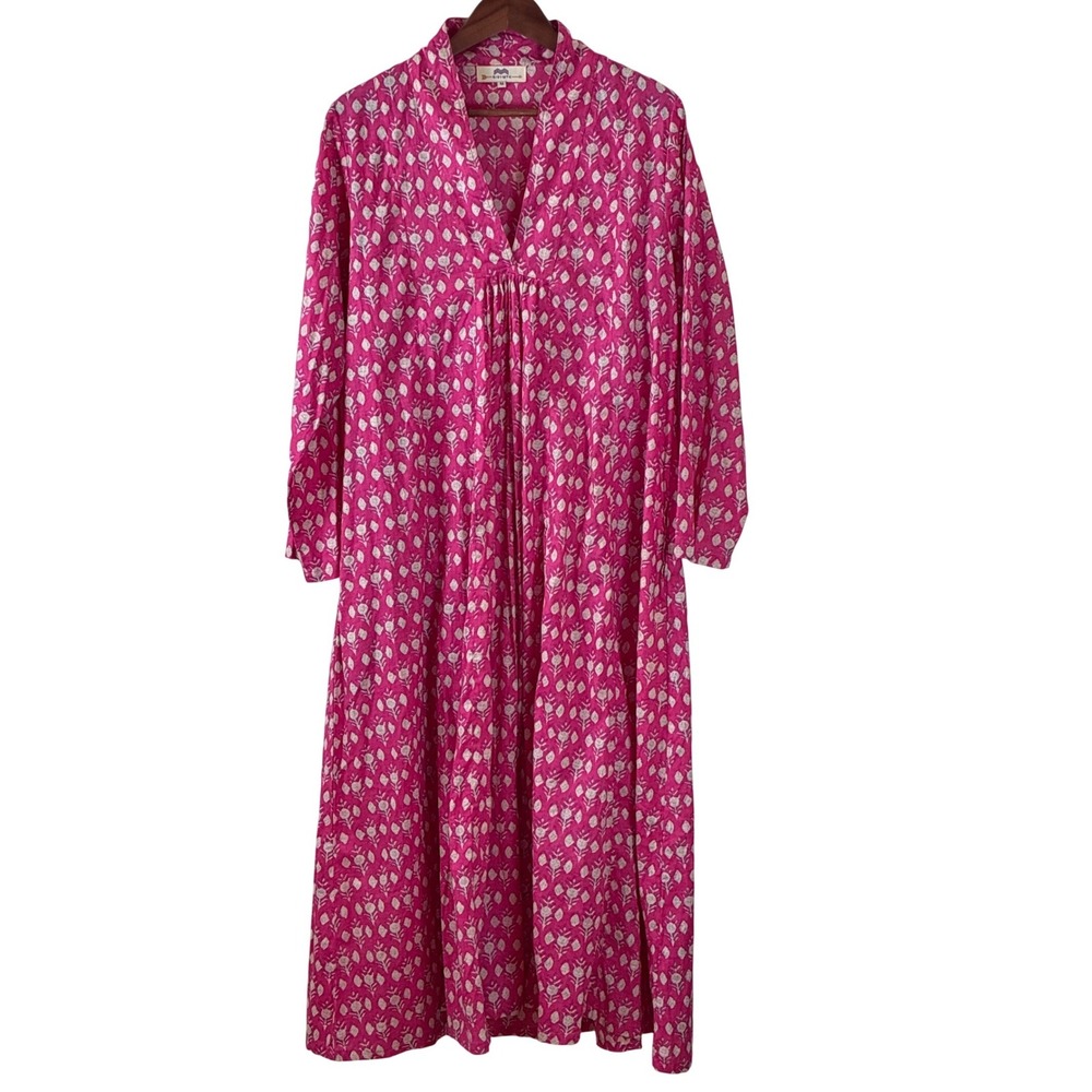 NIBI-MTK Maxi Dress Long Sleeves Cotton Floral Pink Vacation Cottage Boho Medium